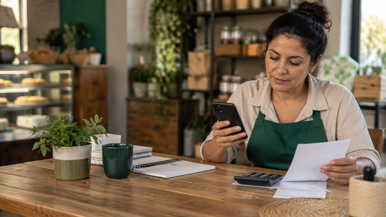 Empreendedora analisando o celular e um orçamento para calcular os custos de atendimento por mensagens