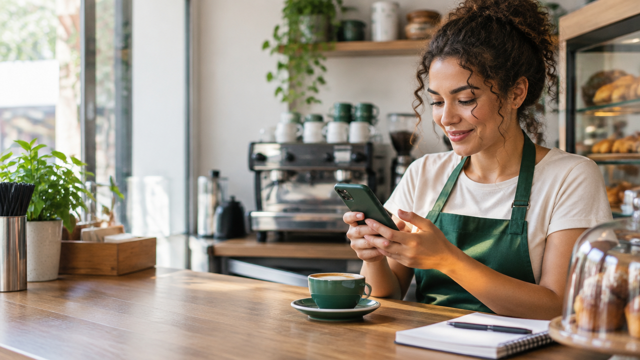 Empreendedora usando o celular para organizar mensagens de atendimento em um pequeno negócio