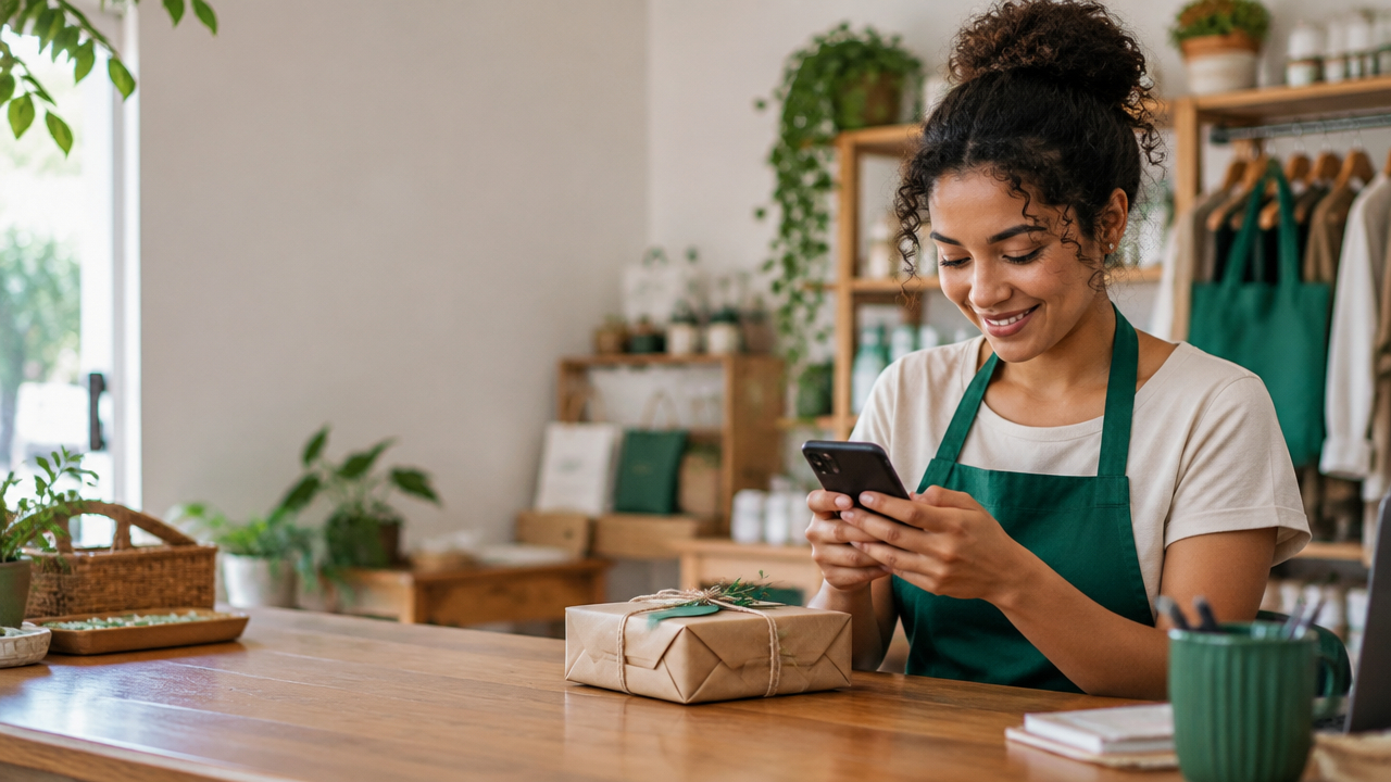 Pequena empreendedora respondendo clientes pelo celular no balcão da loja